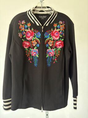 Linea Leisure Floral Embroidered Varsity Jacket Boho Black Multi Plus 1X
